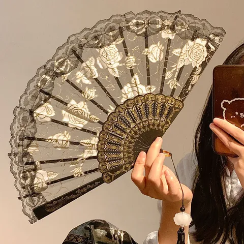 New Chinese Style Lace Folding Fan With Rose Embroidery And Tassel Vintage Dance Photography Props Folding Hand Fan