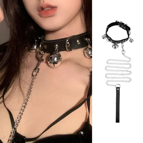 Gothic Punk Bell Choker Necklace For Women PU Leather Metal Chain Collar Trendy Statement Party Jewelry