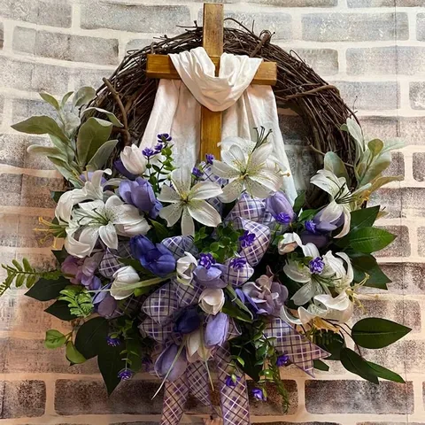 Easter Cross Wreath For Front Door Decoration Artificial Lily Tulip Flowers Wreath With Wood Cross Purple Checkered Bow