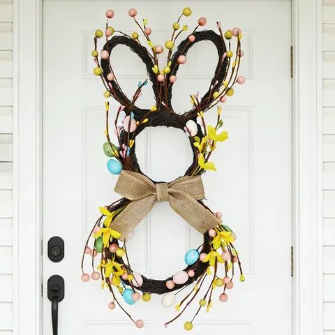 Foldable Easter Bunny Rattan Wreath With Artificial Eggs And Burlap Bow Rustic Rabbit Garland For Front Door Home Decor