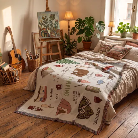 Bohemian Camping Blanket Cotton Blend Woven Throw With Tassels Vintage Outdoor Adventure Picnic Mat For Sofa Bed Travel
