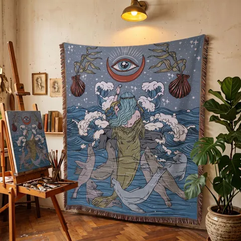 Bohemian Woven Polyester Cotton Throw Blanket Vintage Mermaid Ocean Mythological Pattern Fringed Sofa Picnic Camping Blanket Tapestry