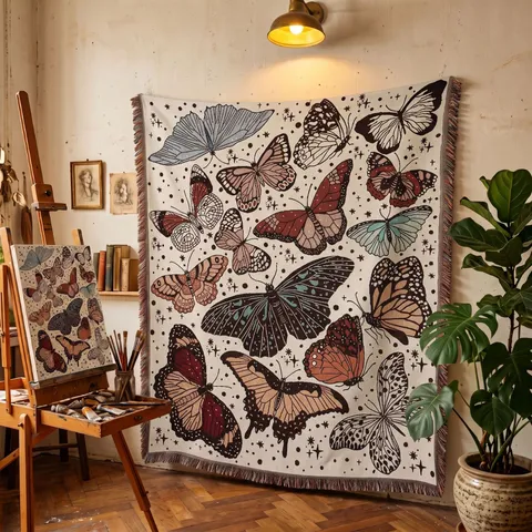 Boho Schmetterling Muster Webteppich Vintage Ethno Sofaüberwurf Outdoor Picknick Camping Matte Dekorative Tapisserie Mit Quasten