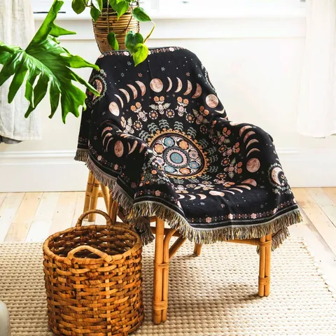 Bohemian Ethnic Mandala Moon Phase Woven Throw Blanket With Tassels Polyester Cotton Picnic Camping Rug Sofa Cover