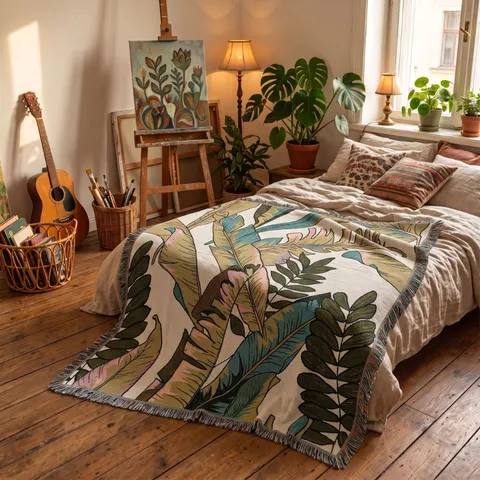Bohemian Tropical Leaf Woven Blanket With Tassels Soft Polyester Cotton Sofa Cover Picnic Camping Outdoor Throw Blanket