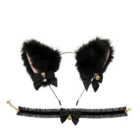 Cat Ears Hair Hoop And Lace Choker Set Cute Animal Bell Headband Kawaii Cosplay Hair Accessories For Women Party