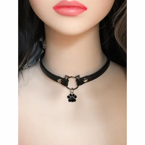 PU Leather Choker Necklace Sweet Cool Y2K Cat Paw Bell Pendant Necklace Alloy Metal Accessory Fashion Jewelry
