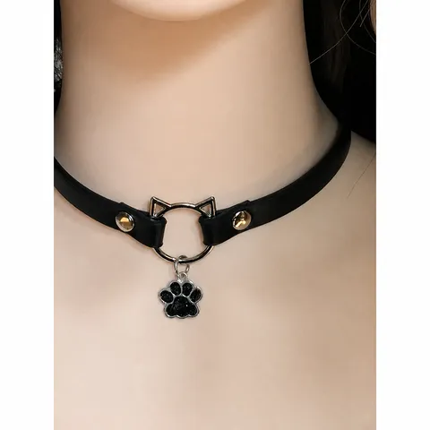 PU Leather Choker Necklace Sweet Cool Y2K Cat Paw Bell Pendant Necklace Alloy Metal Accessory Fashion Jewelry