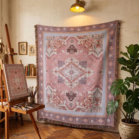 Bohemian Ethnic Woven Blanket Pink Purple Geometric Pattern With Tassels For Camping Picnic Sofa Bed Decorative Tapestry Blanket