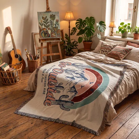 Bohemian Woven Throw Blanket Cotton Polyester Blend Vintage Nature Pattern For Camping Picnic Sofa Decor Home Tapestry