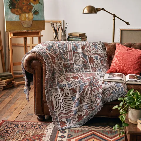 Bohemian Sun Shine Polyester Cotton Woven Throw Blanket Multicolor Geometric Pattern With Tassels For Sofa Camping Outdoor