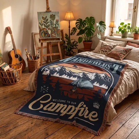 Bohemian Retro Camping Blanket Woven Throw With Tassels For Outdoor Picnic Sofa Bed Decor Wanderlust Design Polyester Cotton Blend