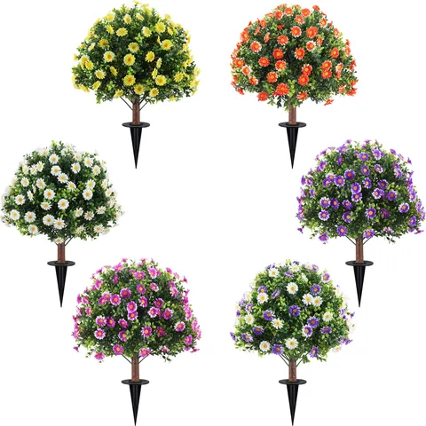 Artificial Boxwood Topiary Ball Tree With Ground Stake Outdoor Garden Lawn Decor UV Resistant Faux Daisy Floral Shrub Greenery For Patio Porch