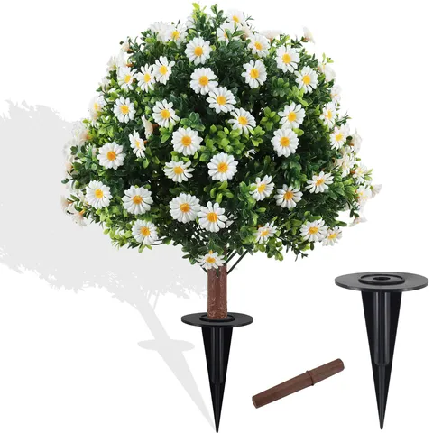 Artificial Boxwood Topiary Ball Tree With Ground Stake Outdoor Garden Lawn Decor UV Resistant Faux Daisy Floral Shrub Greenery For Patio Porch