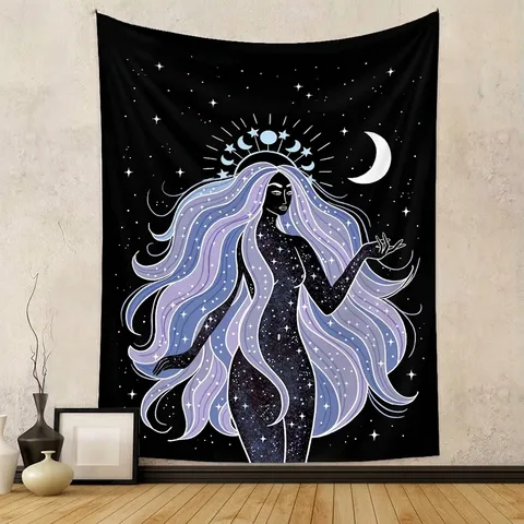 Böhmisch Sternennacht Göttin Wandteppich Himmlisch Mystisch Wandbehang Polyester Bedruckt Stoff Für Schlafzimmer Wohnzimmer Haus Dekor