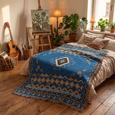 Manta Tejida Geométrica Bohemia Algodón Poliéster Étnico Tribal Picnic Camping Sofá Manta Con Borlas Suave Cálida Decoración