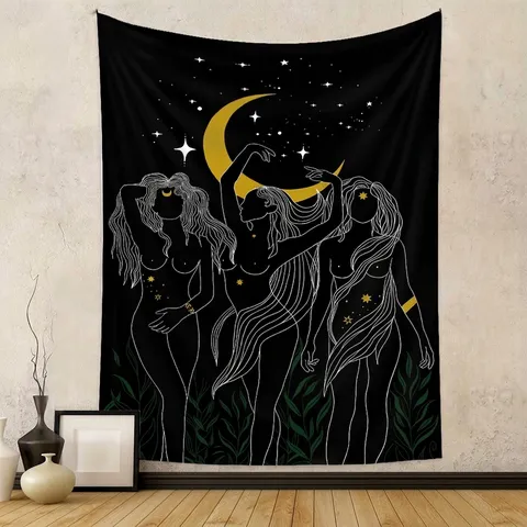 Böhmische Mondgöttin Porträt Bedruckter Polyester Wandteppich Mystische Sterne Himmlische Kunst Wohndeko Für Schlafzimmer