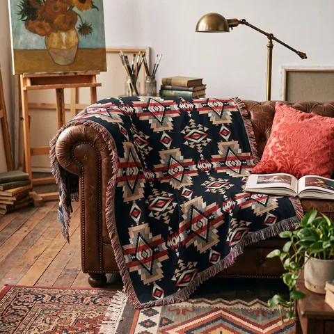 Bohemian Tribal Geometric Pattern Woven Blanket With Tassels For Camping Sofa Throw Indian Style Polyester Cotton Ethnic Nap Blanket