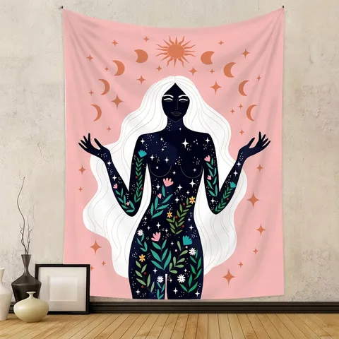 Böhmischer Mystische Göttin Wandteppich Rosa Mondphasen Himmlische Polyester Wandbehang Kunst Hintergrund Für Schlafzimmer Wohnzimmer Dekor
