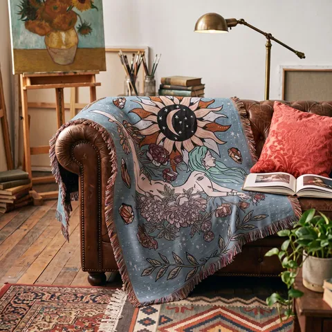Bohemian Ethnic Cotton Blend Woven Blanket Tassel Jacquard Goddess Sun Moon Star Tapestry Sofa Cover Camping Picnic Throw