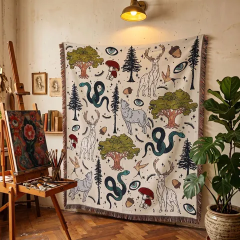 Bohemian Forest Tapestry Blanket With Tassels Mystical Wolf Deer Snake Mushroom Pattern Jacquard Throw For Camping Sofa Decor