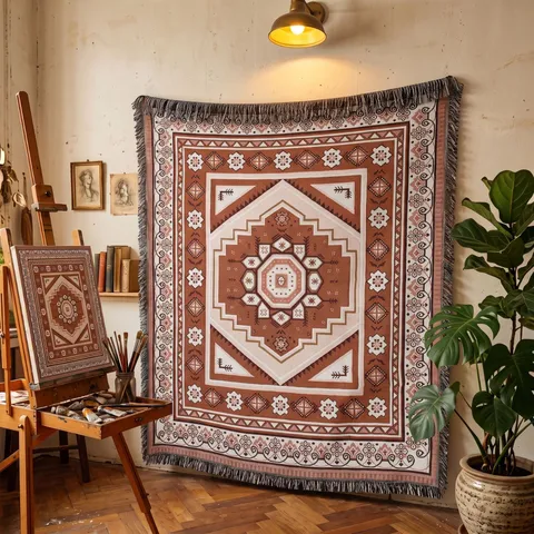 Bohemian Indian Style Woven Blanket Outdoor Camping Picnic Throw Blanket With Tassels Geometric Mandala Pattern Sofa Cover Multi-Purpose Soft Polyester Cotton Home Decor