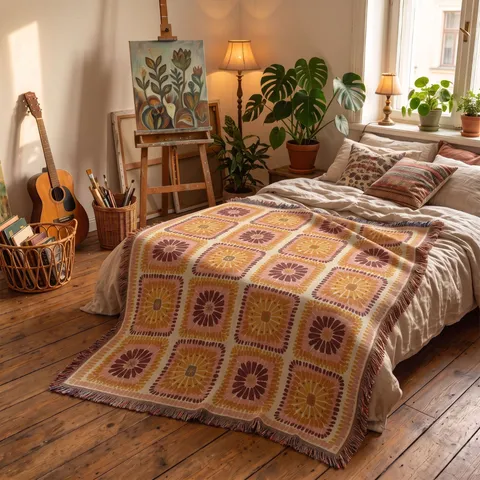 Bohemian Ethnic Geometric Knitted Jacquard Tassel Blanket Outdoor Camping Picnic Sofa Throw Soft Polyester Cotton Blanket