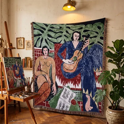 Manta de Hilo Artística Estilo Matisse Mezcla de Algodón Poliéster Jacquard Bohemio Manta Decorativa Con Borlas Para Sofá Cama Camping Picnic Aire Libre Decoración