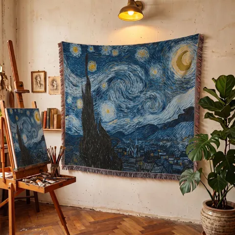 Starry Night Van Gogh Art Woven Blanket Bohemian Ethnic Tassel Throw Blanket For Sofa Couch Picnic Camping Wall Hanging Tapestry