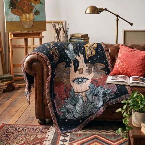 Bohemian Mystic Hand Eye Jacquard Throw Blanket Polyester Cotton Ethnic Tassel Picnic Mat Sofa Cover Camping Tapestry