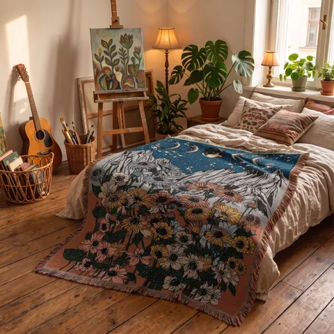 Bohemian Woven Throw Blanket Sunflowers Moon Mountains Pattern Polyester Cotton Picnic Blanket with Tassels for Sofa Home