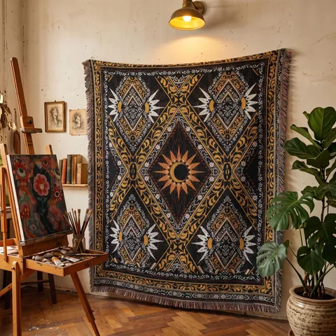 Bohemian Sun Moon Woven Blanket Polyester Cotton Ethnic Tribal Jacquard Throw With Tassels For Camping Picnic Home Decor
