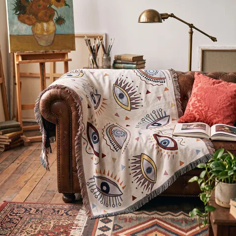 Bohemian Evil Eye Knitted Throw Blanket With Tassels Polyester Cotton Ethnic Geometric Pattern For Sofa Camping Picnic
