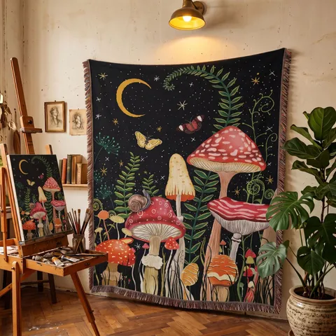 Bohemian Woven Mushroom Moon Blanket Cotton Polyester Blend Fringe Throw Blanket For Sofa Camping Picnic Ethnic Vintage Style Home Decor