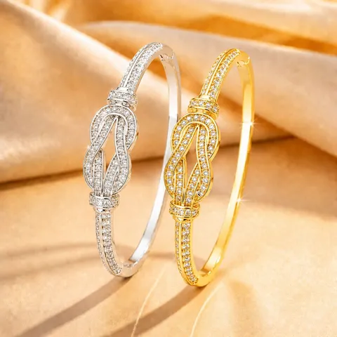 Luxury Copper Full Rhinestone Infinity Knot Bracelet For Women Gold Silver Plated Elegant Bangle Jewelry Gift