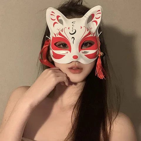 Traditional Japanese Style Painted Fox Mask Half Face Masquerade Mask With Tassel Bell For Party Cosplay
