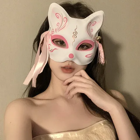 Traditional Japanese Style Painted Fox Mask Half Face Masquerade Mask With Tassel Bell For Party Cosplay