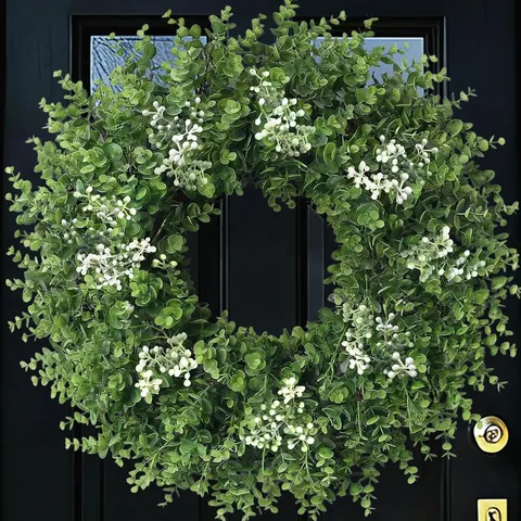 Artificial Boxwood Eucalyptus Wreath With White Berries Spring Greenery Front Door Decoration For Wall Home Decor