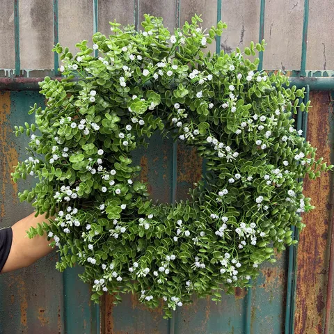 Corona Artificial de Eucalipto y Paniculata Corona de Verdor para Puerta de Entrada Decoración de Pared de Granja