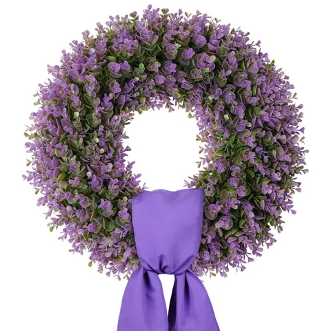 Purple Artificial Eucalyptus Wreath Front Door Hanging Decoration Realistic Greenery Wreath With Ribbon Bow For Spring Summer Home Decor Wall Ornament