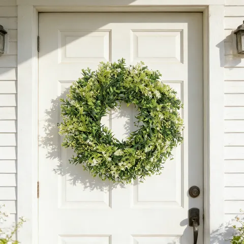 Kunstmatige Buxus Wildbloemenkrans Groene Bladeren Witte Bloemen Ronde Wanddecoratie Voordeurdecoratie Huis Tuin Bruiloftsdecor