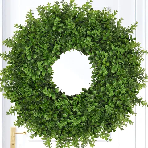 Artificial Boxwood Eucalyptus Wreath For Front Door Green Leaf Round Wreath For Spring Summer Home Outdoor Garden Patio Decor