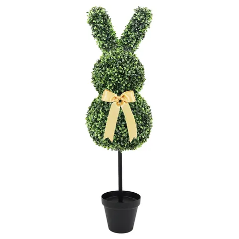 Artificial Boxwood Topiary Easter Bunny Dog Shape Plant Potted Outdoor Garden Yard Landscaping Decoration With Silk Bow For Festival Home Decor