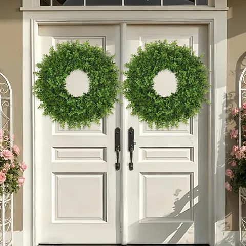 Artificial Boxwood Eucalyptus Wreath For Front Door Green Leaf Round Wreath For Spring Summer Home Outdoor Garden Patio Decor