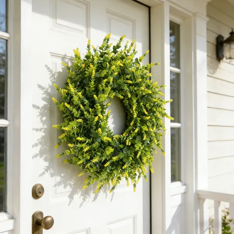 Artificial Lavender Boxwood Wreath Faux Greenery Plastic Plant Wreath For Front Door Outdoor Home Wall Decoration Farmhouse Style