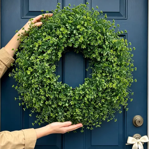 Artificial Boxwood Greenery Wreath For Front Door Outdoor Realistic Simulation Plant Garland For Wall Farmhouse Home Decoration
