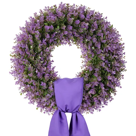 Purple Artificial Eucalyptus Wreath Front Door Hanging Decoration Realistic Greenery Wreath With Ribbon Bow For Spring Summer Home Decor Wall Ornament