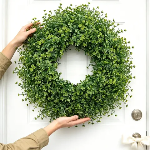 Artificial Boxwood Greenery Wreath For Front Door Outdoor Realistic Simulation Plant Garland For Wall Farmhouse Home Decoration