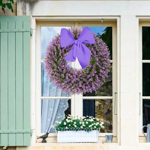 Purple Artificial Eucalyptus Wreath Front Door Hanging Decoration Realistic Greenery Wreath With Ribbon Bow For Spring Summer Home Decor Wall Ornament