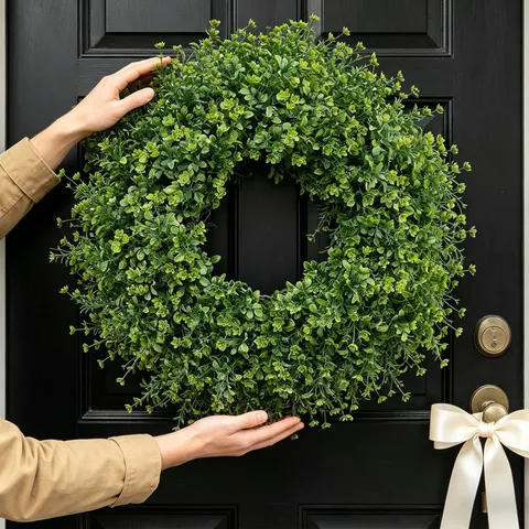 Artificial Boxwood Wreath Outdoor Greenery For Front Door Wall Decoration Spring Summer Round Green Purple Plant Wreath